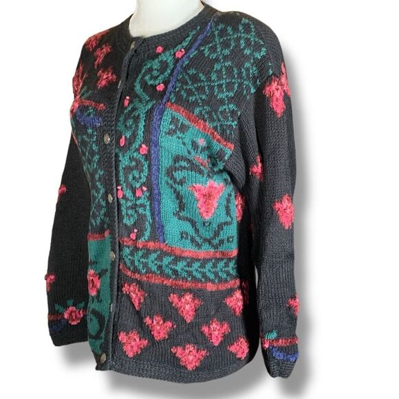 Vintage 90s Knit Floral Cardigan Sweater Round Neck Black Dark Floral Pink - Picture 6 of 12
